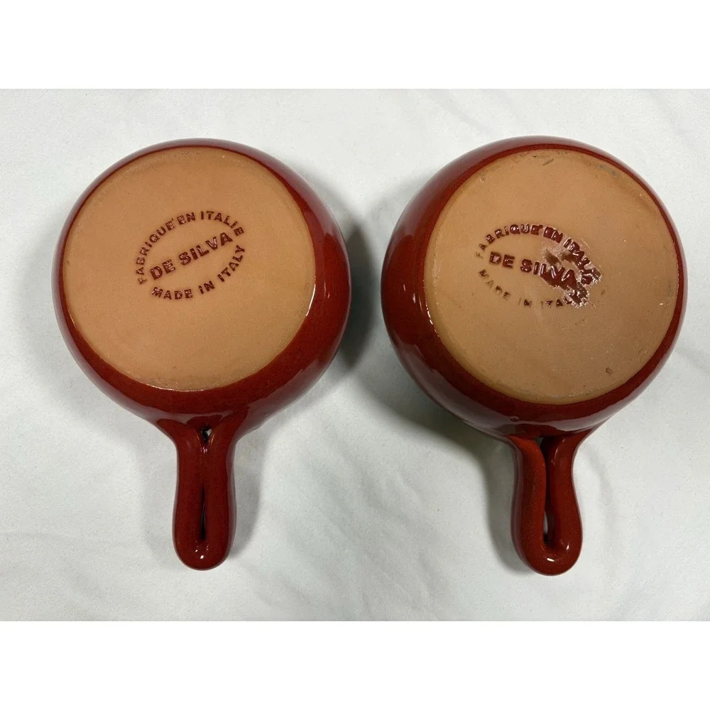 Vintage De Silva Italy Ceramic Soup Crocks Pair Red Terracotta Handled Bowls